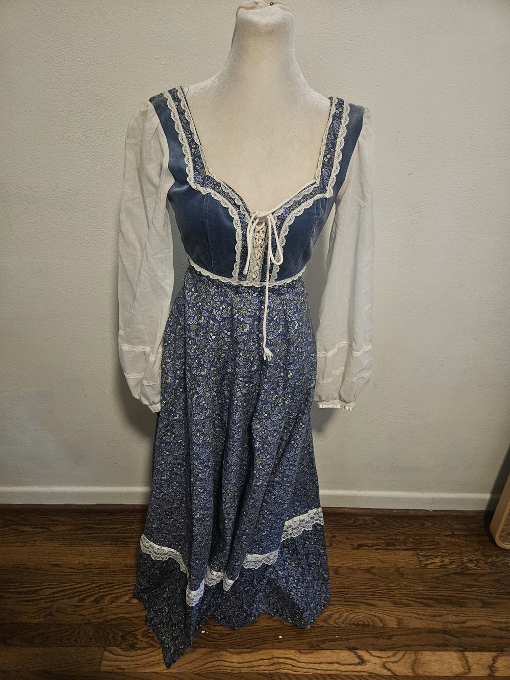 Gunne Sax Blue Floral Maxi Dress with White Lace
